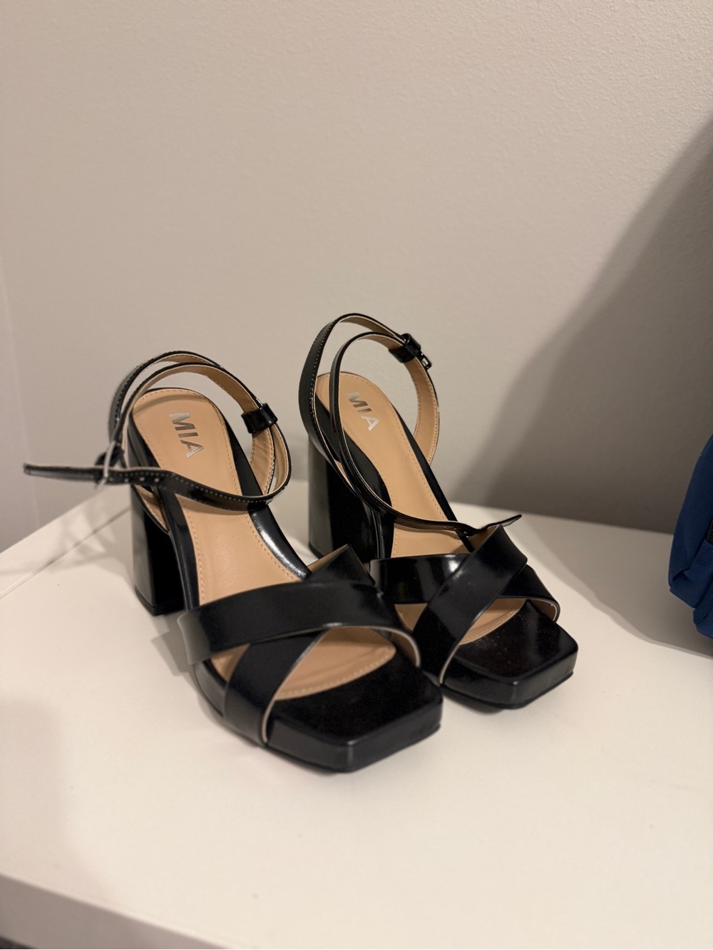 MIA Black Patent Crisscross Block Heel Sandals
